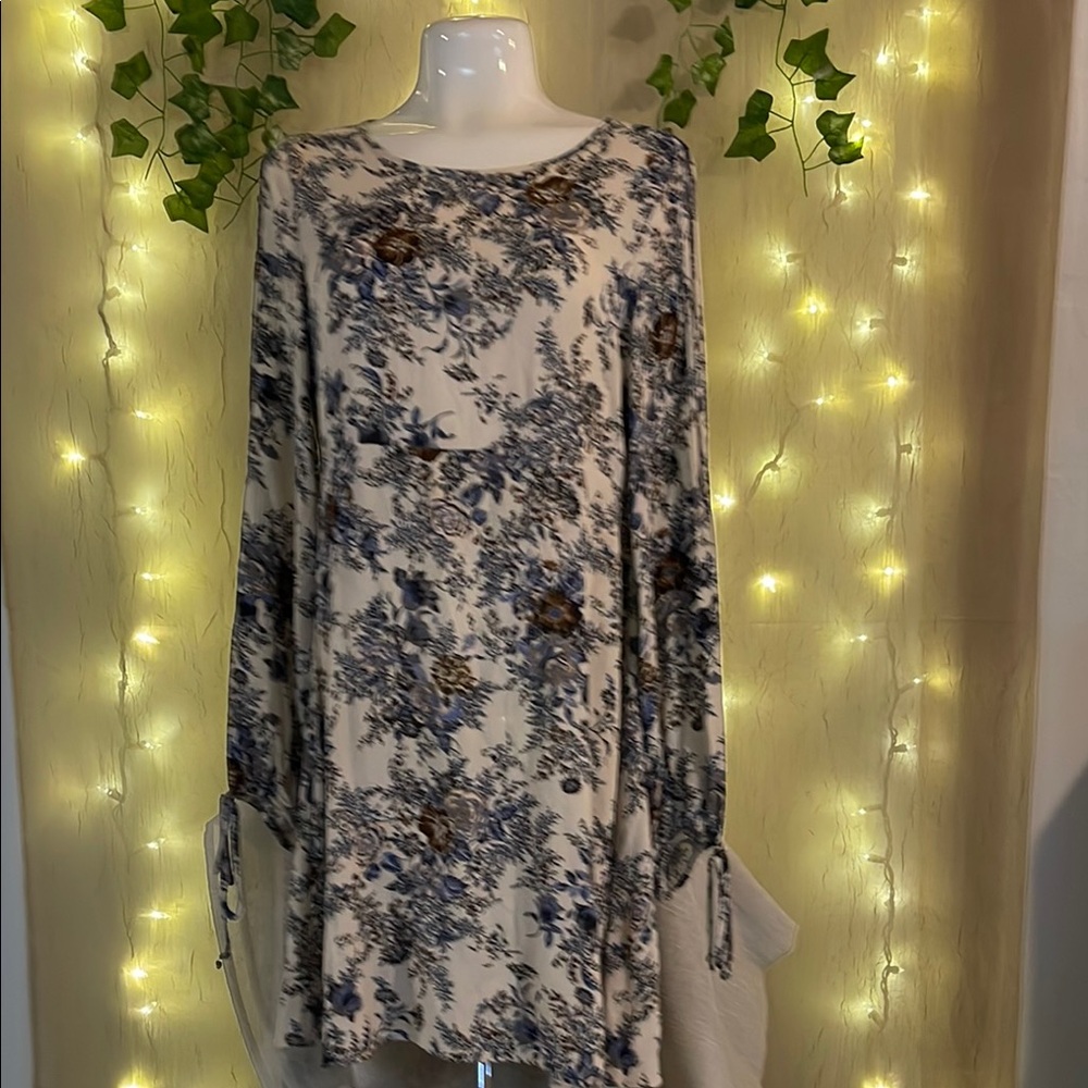 American Eagle Outfitters Floral Long Sleeve Dress - Cream and Blue